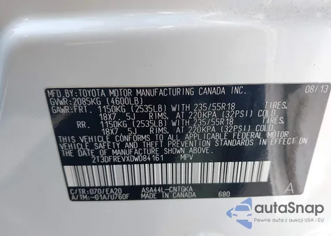 2013 Toyota Rav4 Limited z USA, uszkodzony, nr VIN 2T3DFREVXDW084161